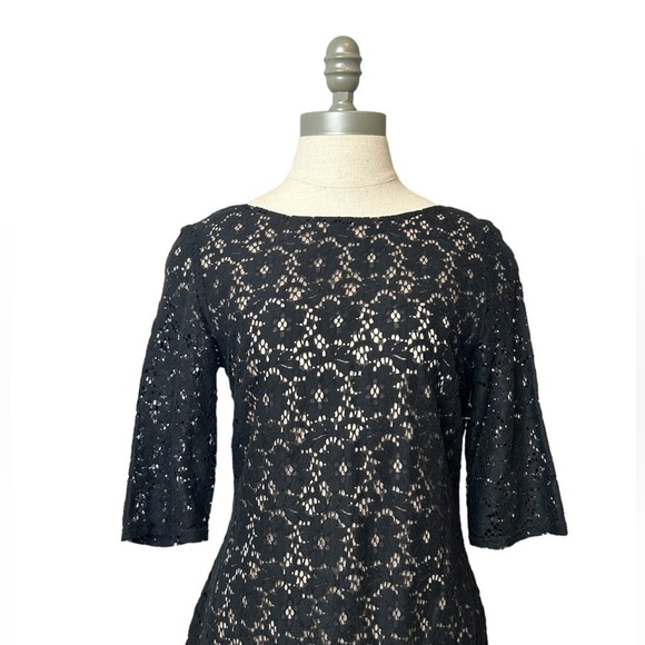BETSEY JOHNSON Black Lace Overlay Nude Ruffle Cotton Fit & Flare Dress Size 6 - Picture 3 of 16